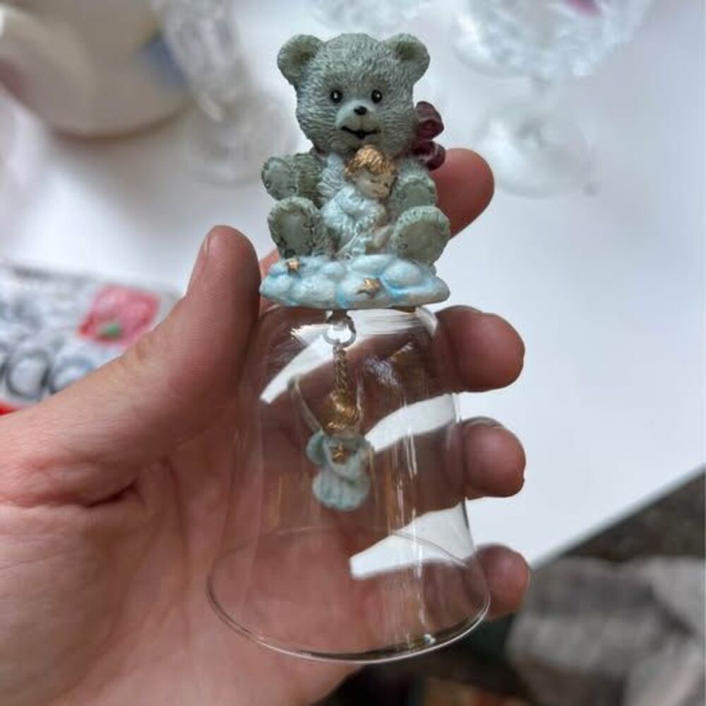 Collectible Glass Bell with Teddy Bear and Angel Figurine